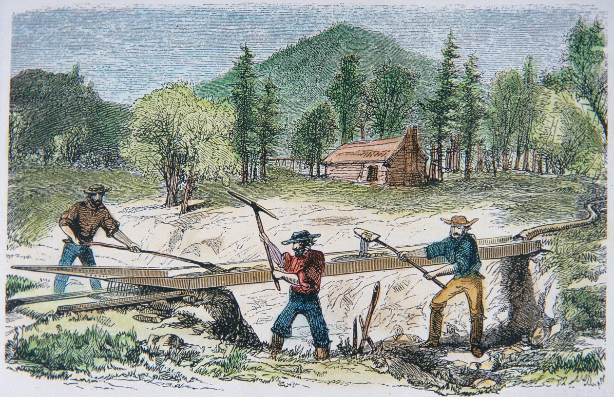Prospectors using a sluice during the California Gold Rush of 1849 by American School