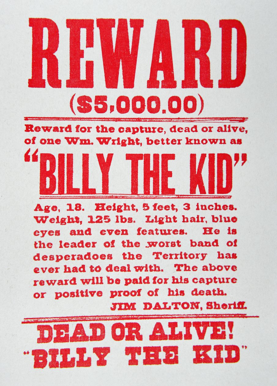 Reward Poster for Billy the Kid (1859-81) by American School