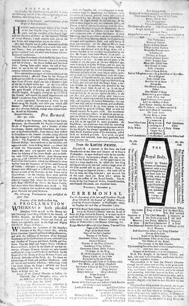 Second page of the Boston Evening Post announcing the death of King George II (1683-1760), 5th January, 1761 by American School