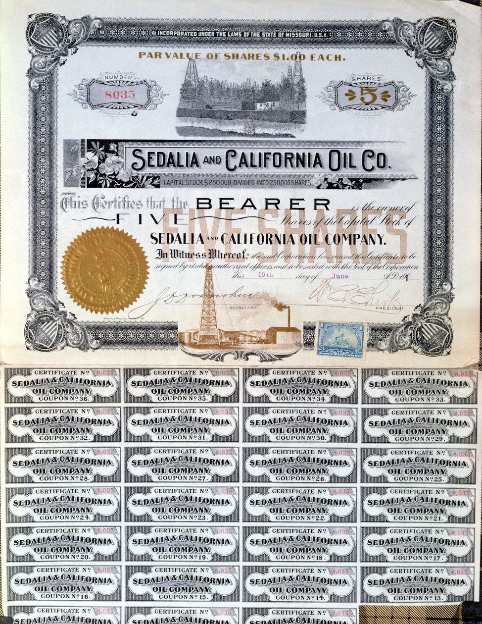 Share Certificate for the Sedalia and Californian Oil Company, U.S.A. by American School