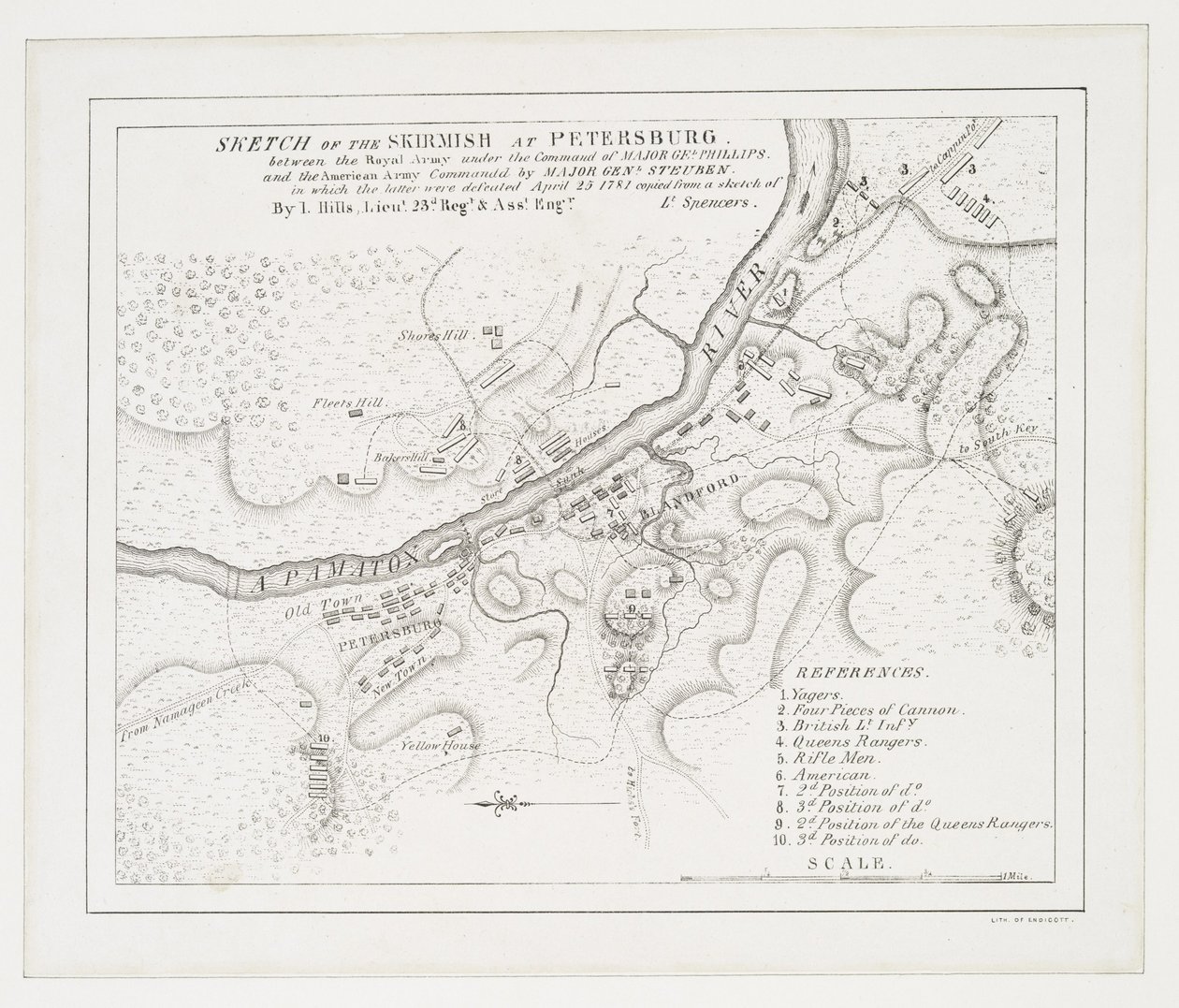 Sketch of the skirmish at Petersburg: between the Royal Army under the command of Major Gel. Phillips and the American army commanded by Major Genl. Steuben in which the latter were defeated, 25th April 1781 by American School