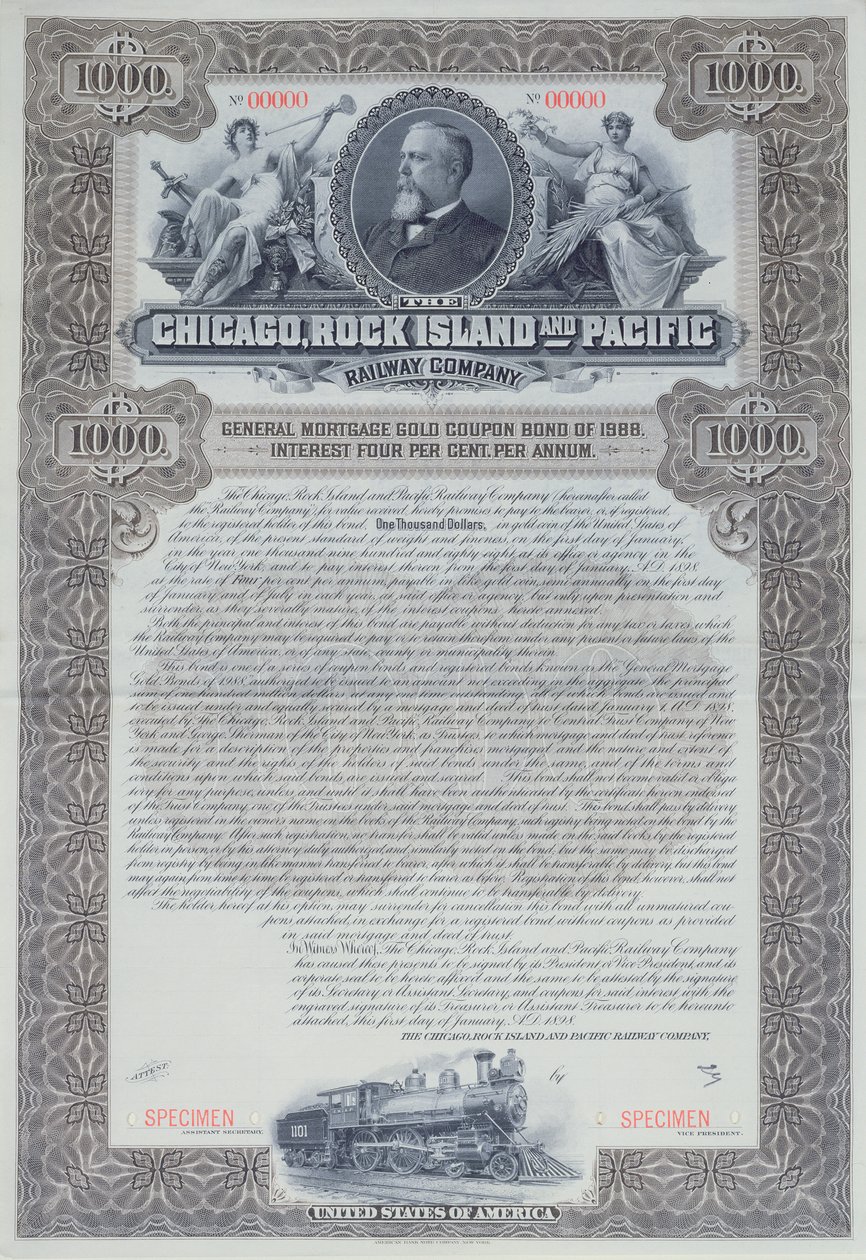 Specimen bond certificate for 1000 dollars for the Chicago, Rock Island and Pacific Railway Company, 1898 by American School