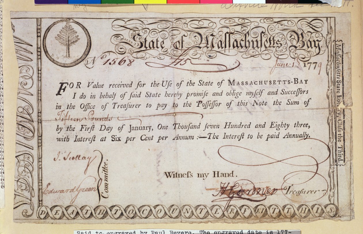 State of Massachusetts Bay Promissory Note, said to be engraved by Paul Revere by American School