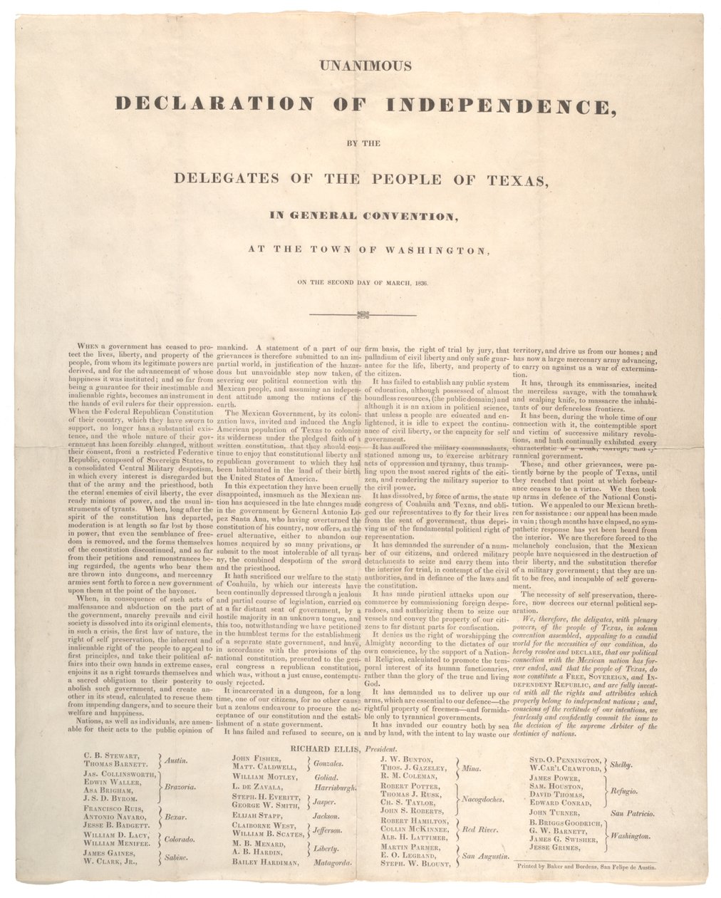Texas Declaration of Independence: Unanimous declaration of independence, printed by Baker and Bordens, 2 March 1836 by American School