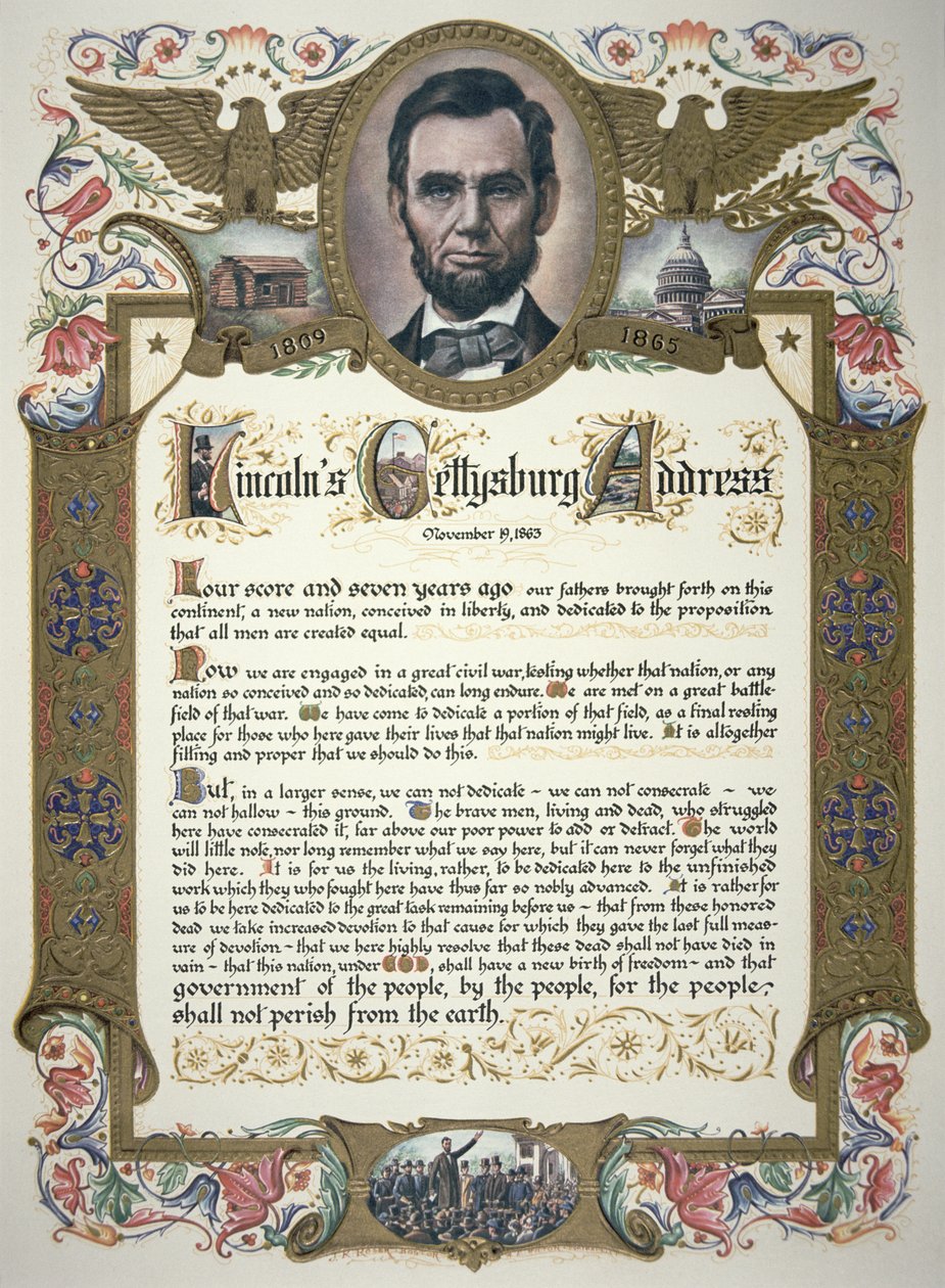 The Gettysburg Address, delivered by Abraham Lincoln (1809-65) by American School