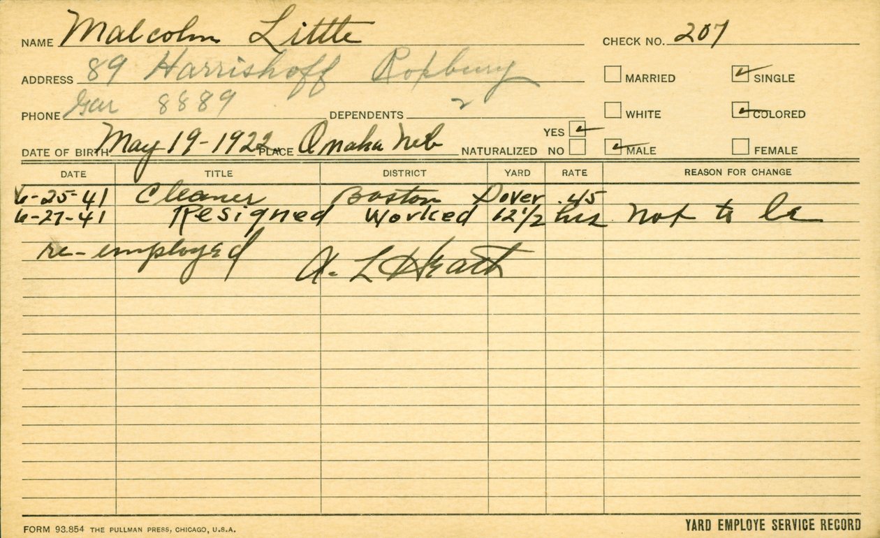 The employee service record of Malcolm X (1925-65) by American School