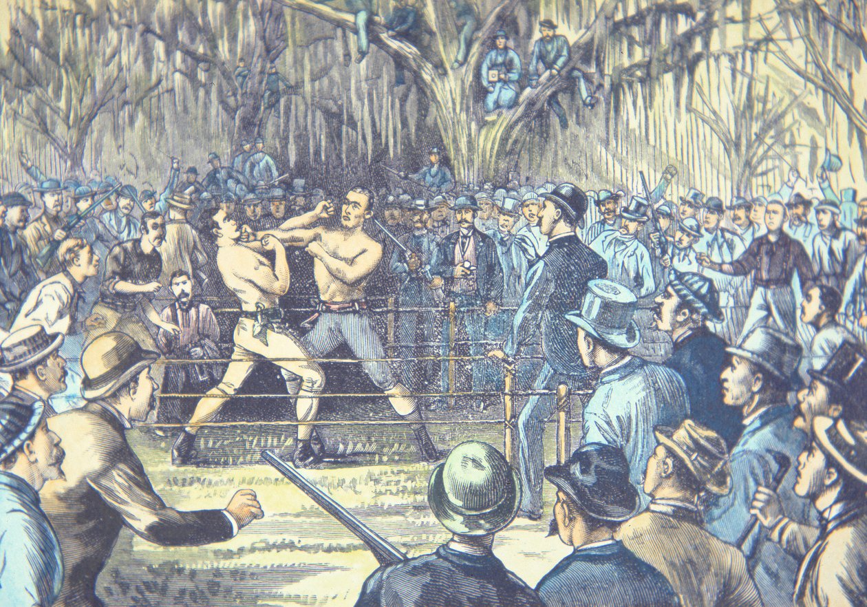 The last bare knuckle boxing championship fight in 1889, John L. Sullivan v. Jake Kilrain at Richburg, Mississippi by American School