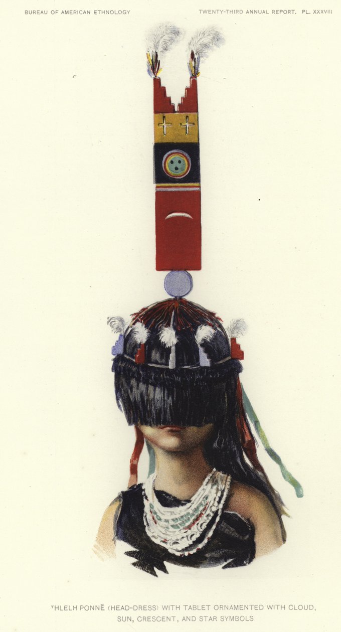 Thlelh Ponne (head-dress) with Tablet Ornamented with Cloud, Sun, Crescent, and Star Symbols by American School