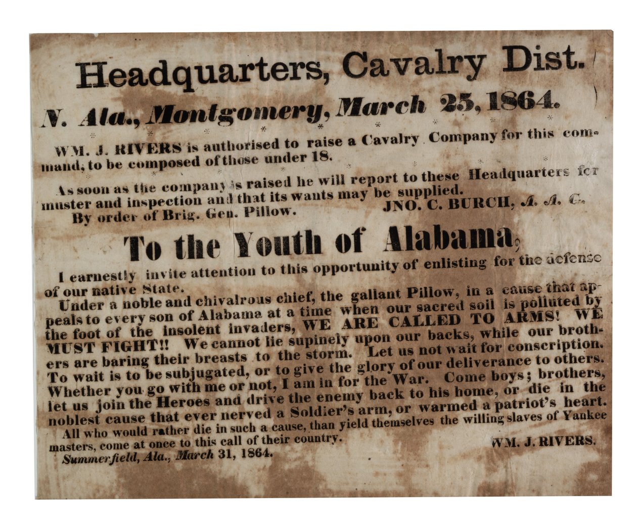 To the Youth of Alabama: We Are Calling to Arms! (Recruitment Broadside), 25th March 1864 by American School