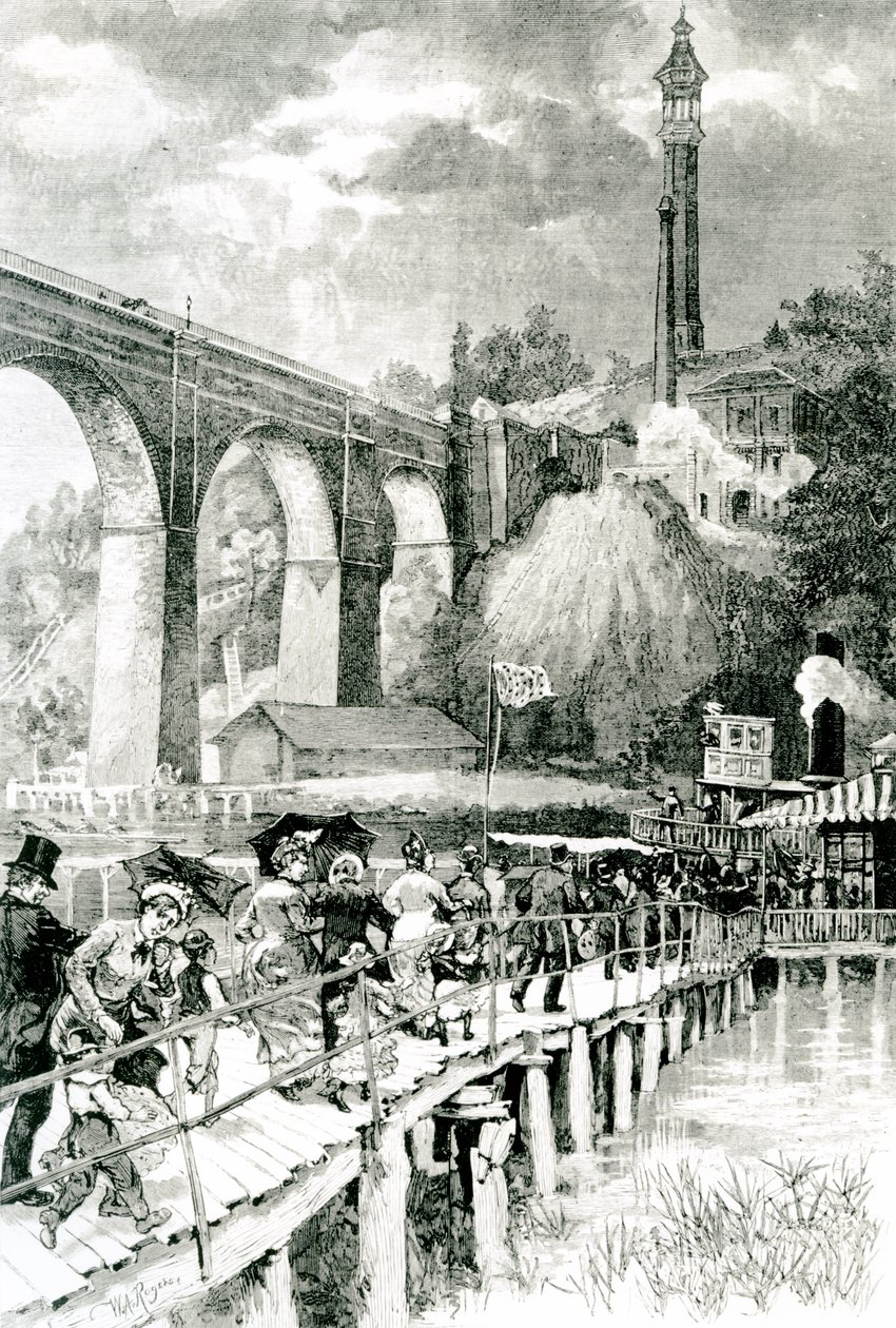 Tourists Returning to Their Steamer on the Harlem River, with High Bridge on the Left, engraved by W.A Rogers for Harpers Weekly, 24th July 1880 by American School