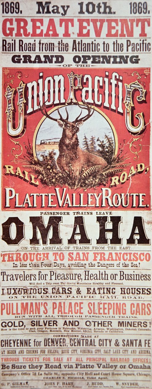 Union Pacific Railroad poster advertising the first transcontinental railroad across the USA by American School