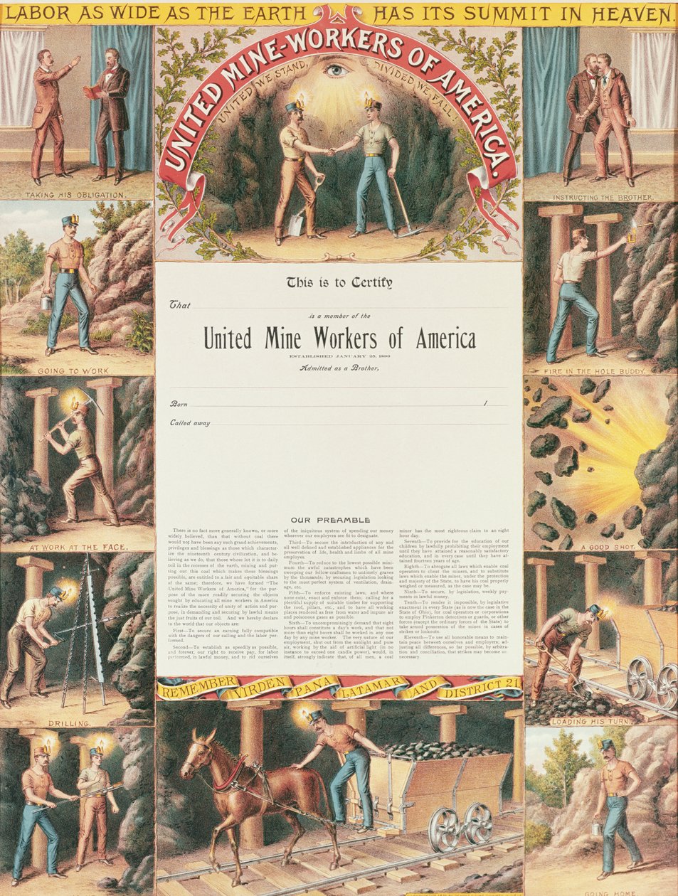 United Mine Workers Certificate, 1890 by American School