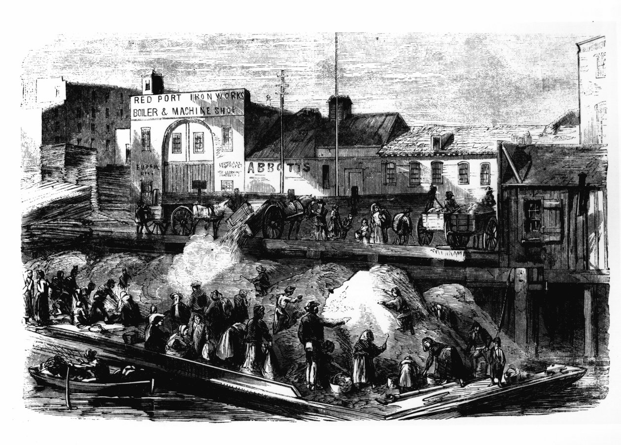 Vagrants picking rags to sell from the Beach Street rubbish dump, New York, c.1870 by American School