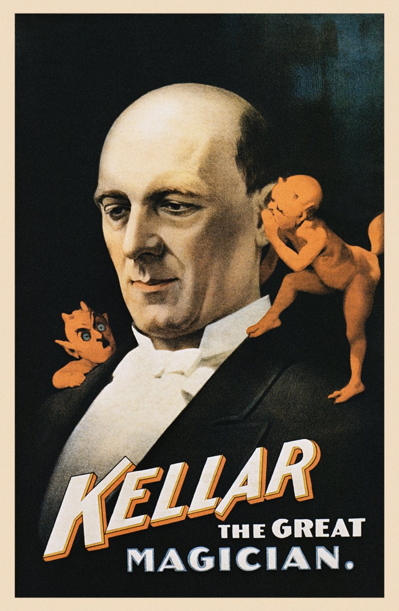 Vintage poster of man with devils whispering by American School