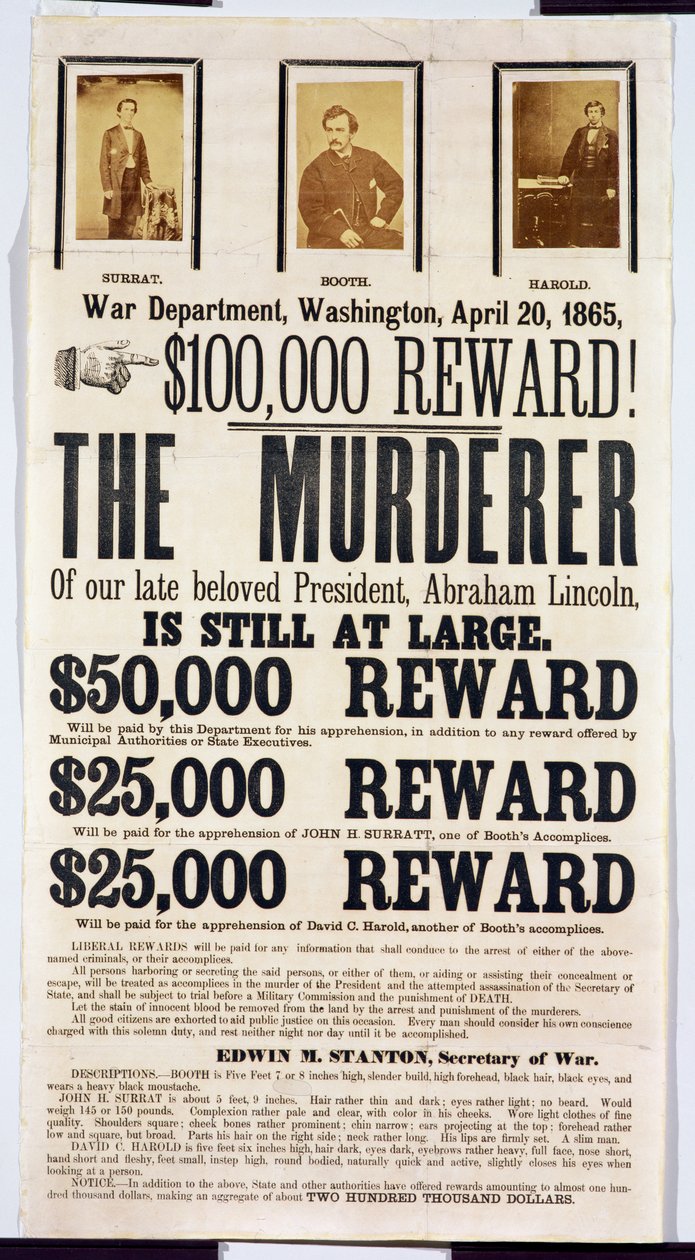 Washington War Department Poster Announcing a $100,000 Reward for Finding the Murderer of Abraham Lincoln, 20th April 1865 by American School