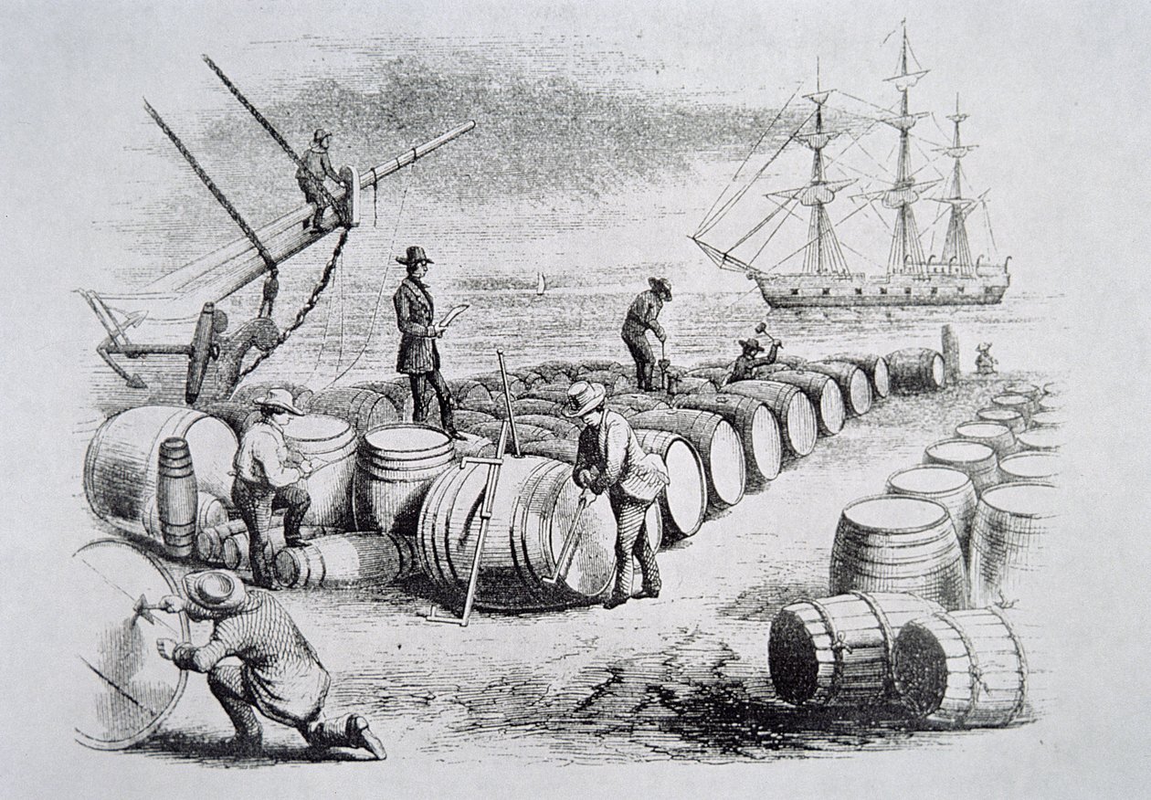 Whalers gauging oil in barrels, from The American Whale Fishery, c.1850 by American School
