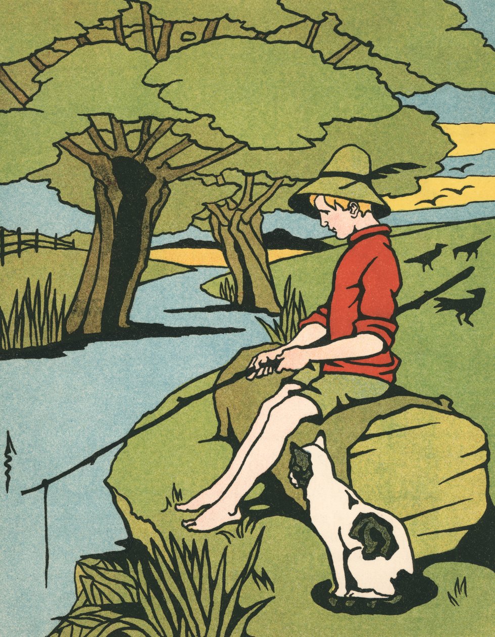 Young Boy Fishing in a River with His Cat by American School