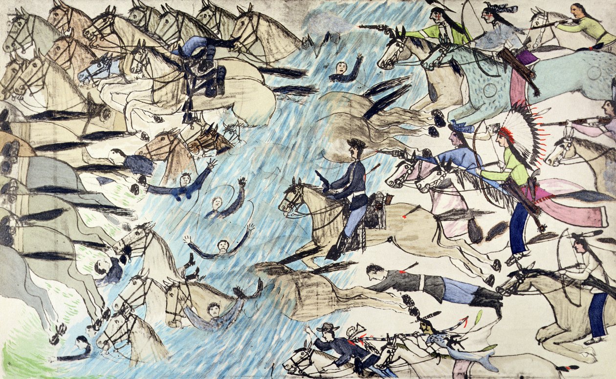 Troopers being driven across the river by Amos Bad Heart Buffalo
