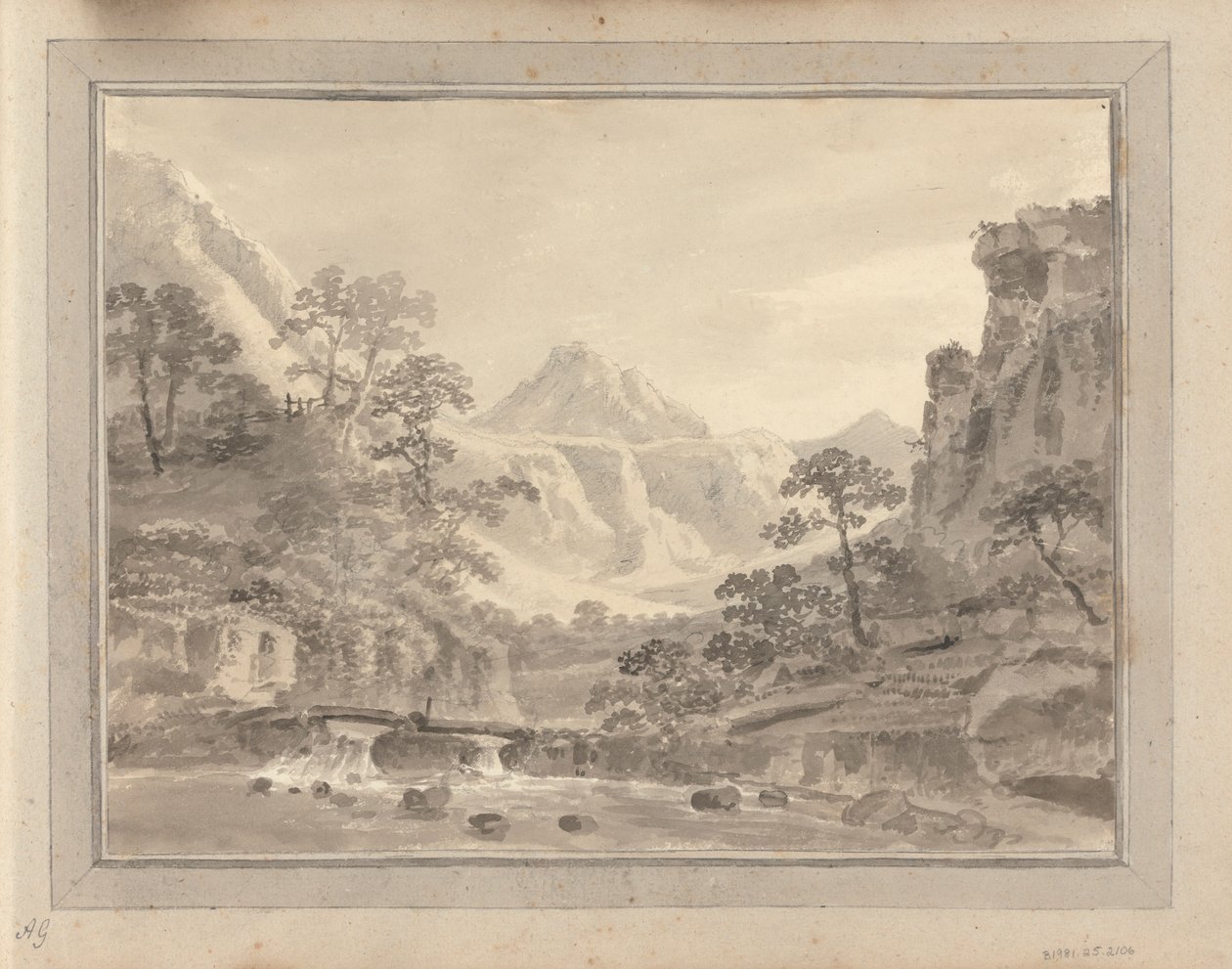 Views in England, Scotland and Wales; Tour in Scotland: Mountainous landscape with bridge by Amos Green