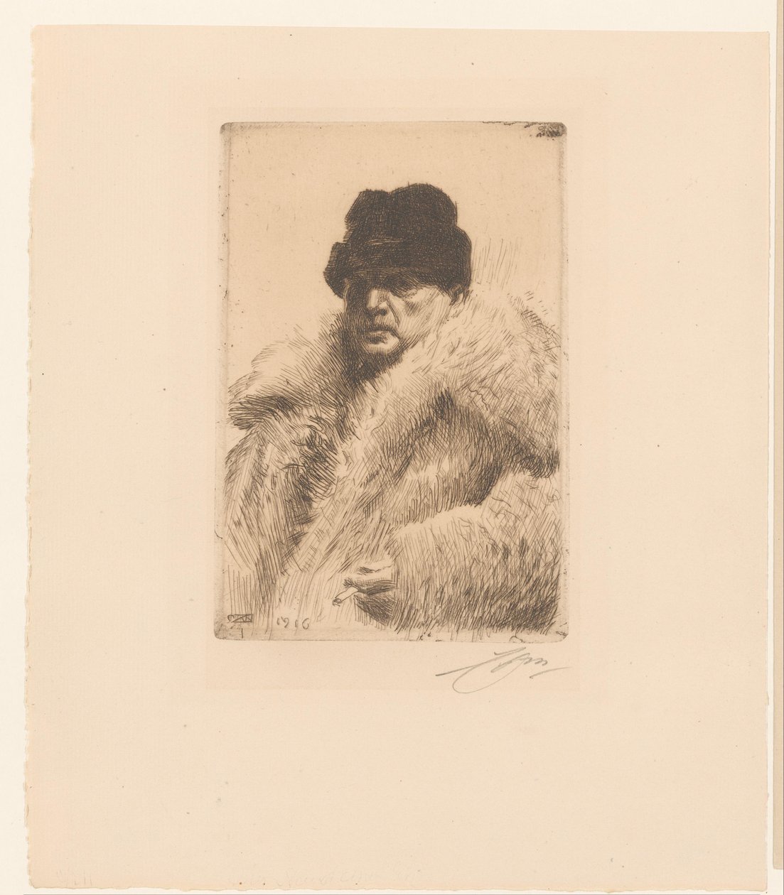 Self-Portrait with Fur and Cap by Anders Leonard Zorn (signed by artist)
