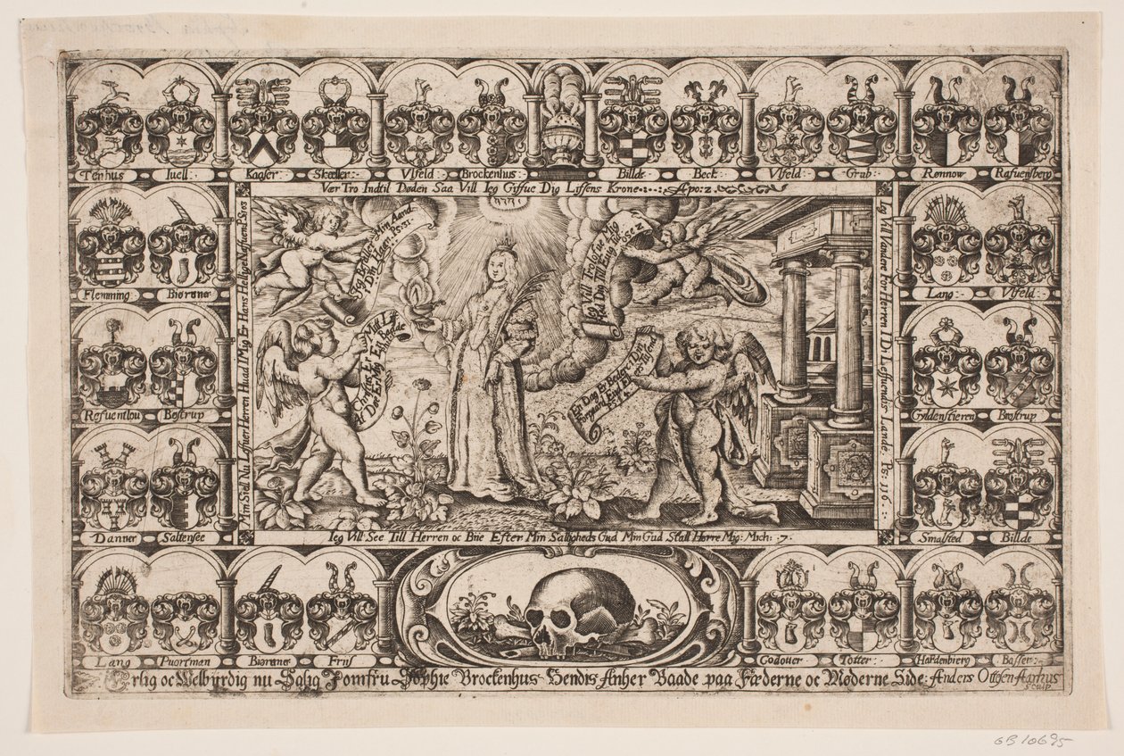 Sophie Brockenhuus and Four Geniuses, Surrounded by Ancestral Shields. From Funeral Sermon by Anders Ottesen