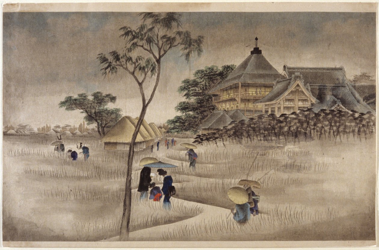 Large Building with Huts Below by Ando or Utagawa Hiroshige