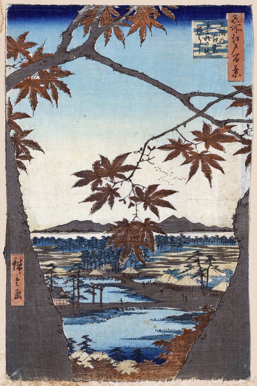 Maple Leaves and the Tekona Shrine and Bridge at Mama (One Hundred Famous Views of Edo). Japanese print by Utagawa Hiroshige (1797-1858) by Ando or Utagawa Hiroshige