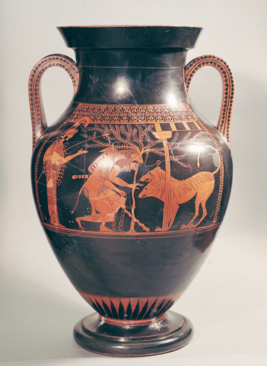 Attic red-figure belly amphora depicting Herakles capturing Kerberus, from Athens by Andokides Painter