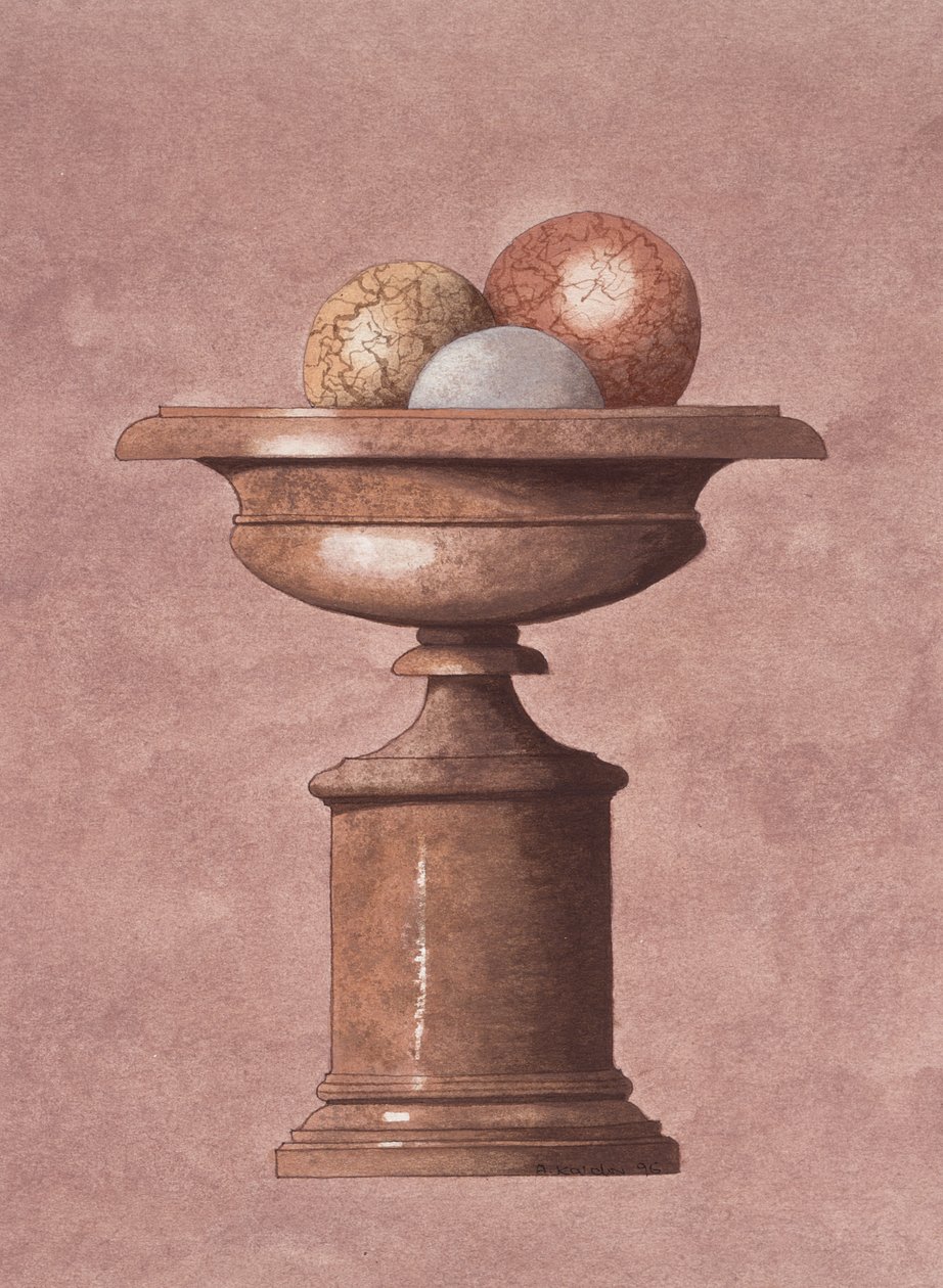 Marble Vase, Brown, Blue and Yellow Balls by Andras Kaldor