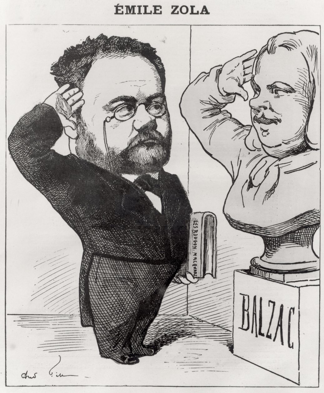 Caricature of Emile Zola Saluting a Bust of Honore de Balzac, 1878 by Andre Gill