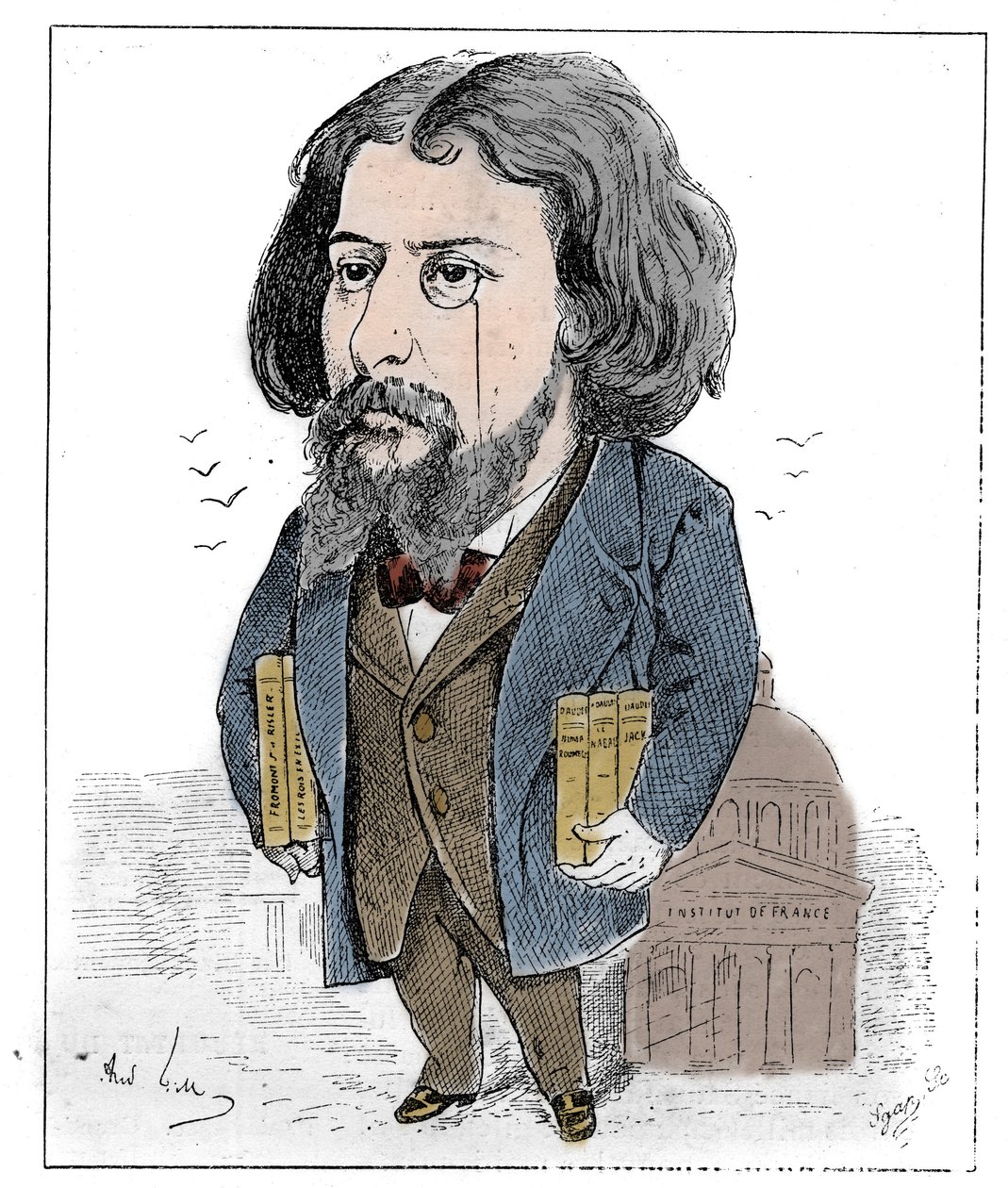 Cartoon by Alphonse Daudet (1840-1897), a French writer, represented with his books and his monocle before the Institut de France in Paris. Drawing by Andre Gill. Engraving in 
