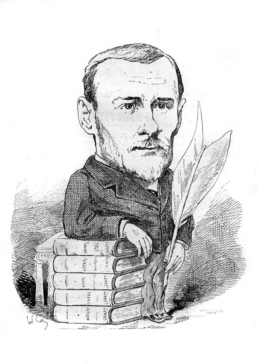 Cartoon by Georges Ohnet, a French writer representing with his books and pen. Drawing by Andre Gill. Engraving in 