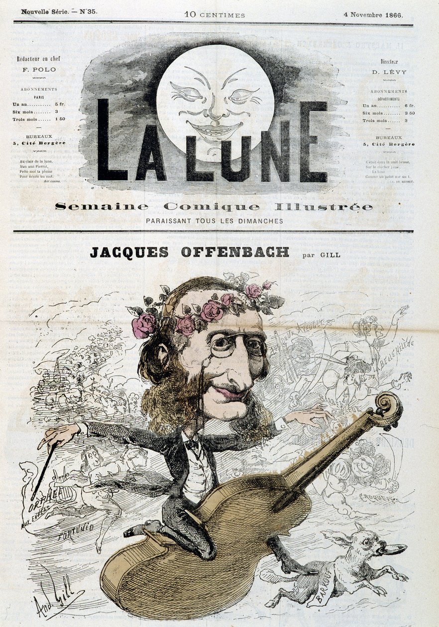 Cartoon by Jacques Offenbach (1819 - 1880), riding a violin - by Gill in 