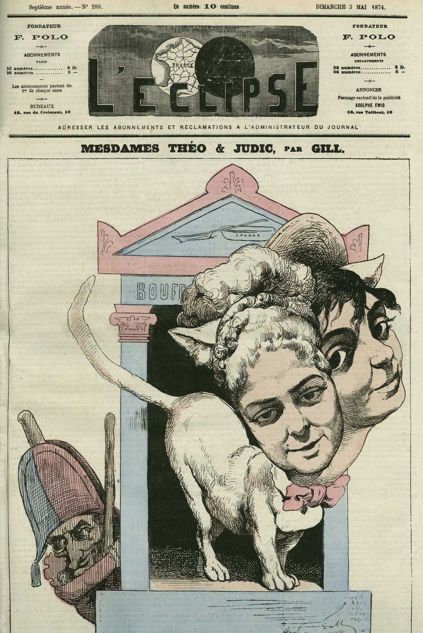 Cartoon of ladies Louise Theo and Anna Judic, singers in a play by Jacques Offenbach (1819-1880), composer. Cover in “” L