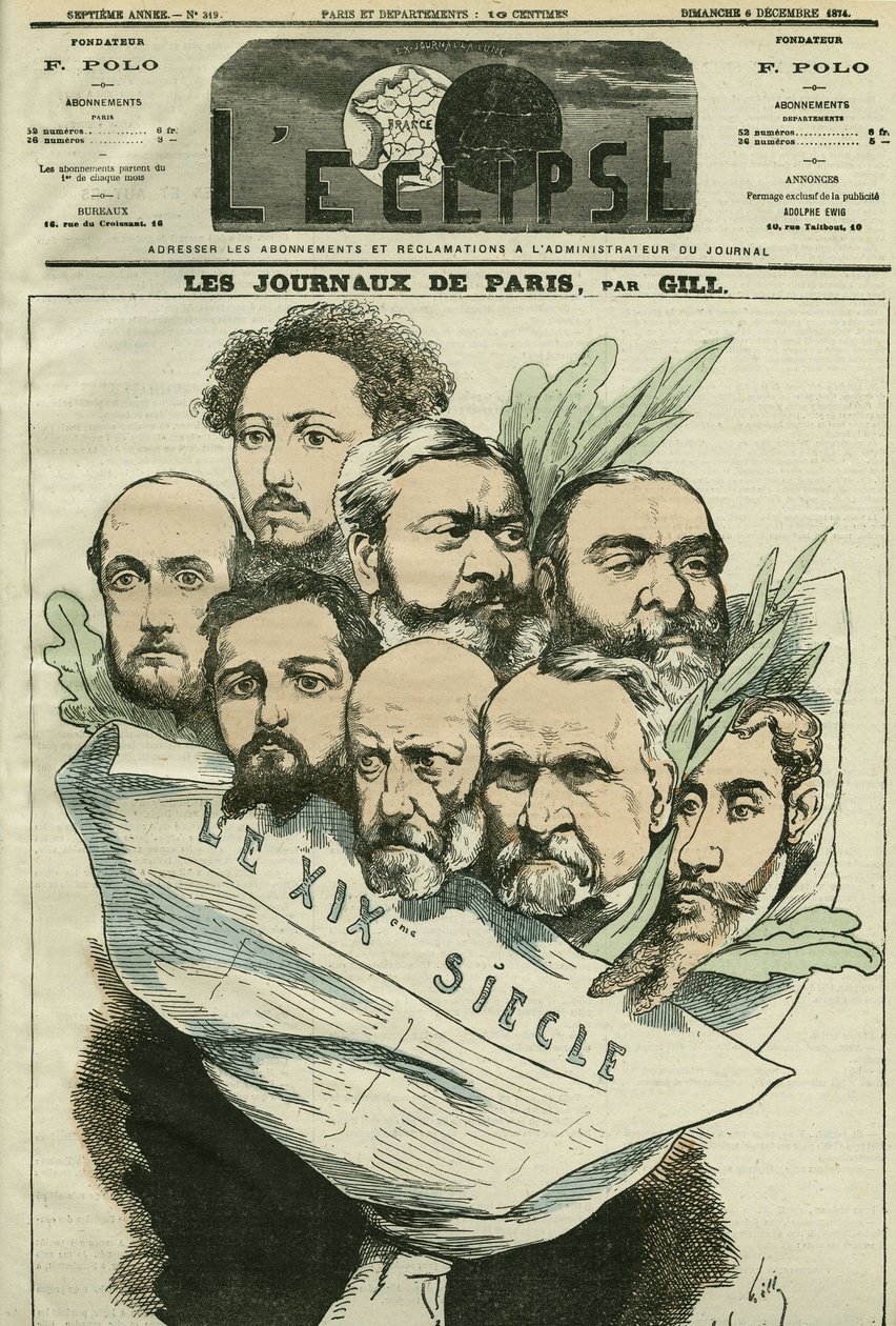 Cartoon of the team of the newspaper Le XIXe siècle, directed by Edmont About (1828-?), a French man of letters. Cover in L
