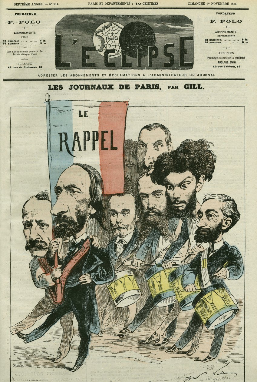 Cartoon the recall of the Republique by the Paris newspapers, with Paul Meurice (1818-1905), Auguste Vacquerie (1819-1895), Gaulier, Blum, Lefevre, D