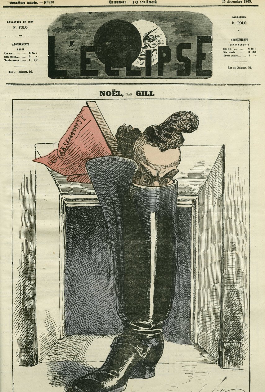 Noel, Gill is in a boot at the foot of the fireplace with the Marseillaise by Andre Gill