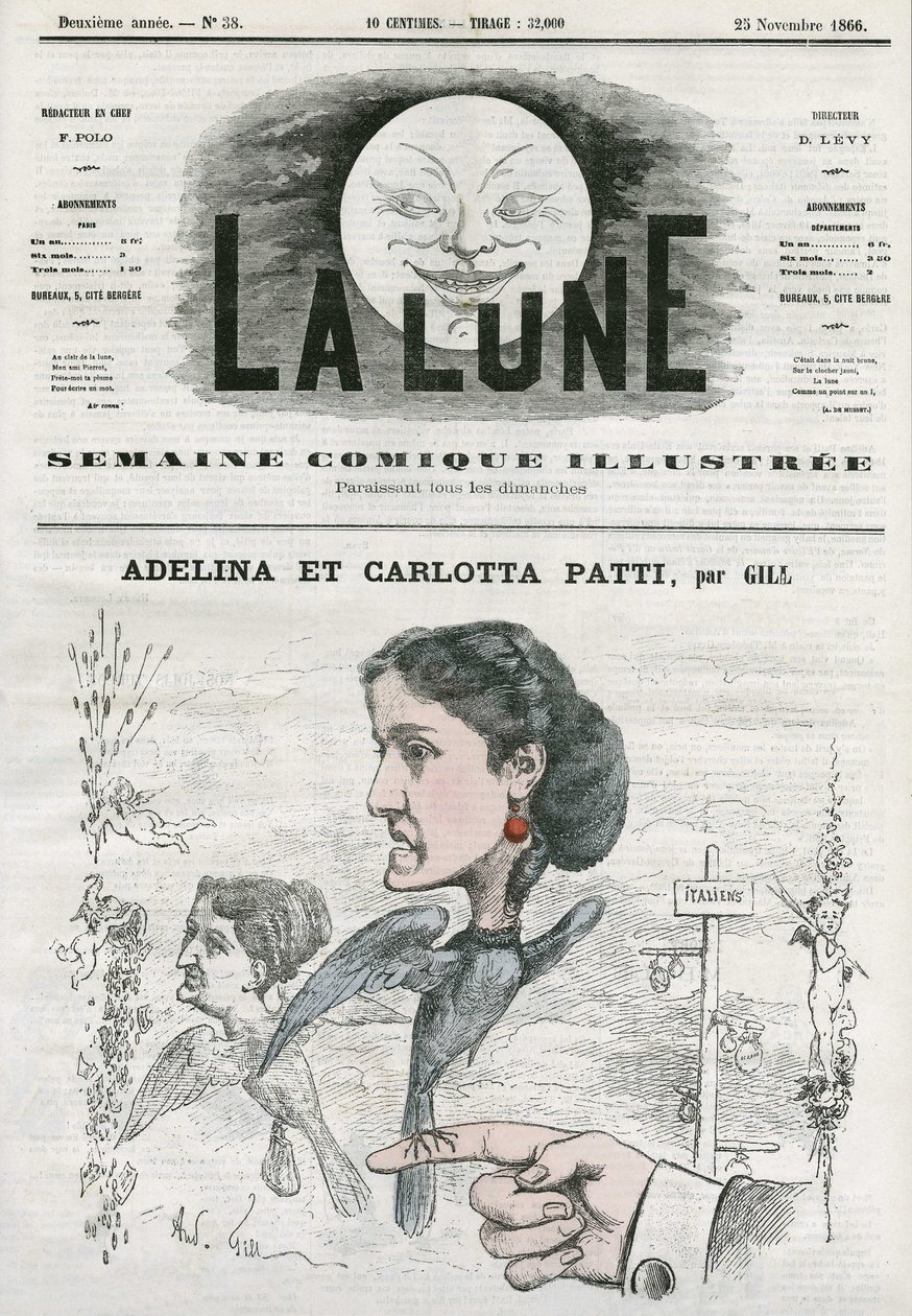 Portrait of Adelina and Carlotta Patti, Italian opera singers. Cartoon by Gill, in The Moon, November 25 by Andre Gill