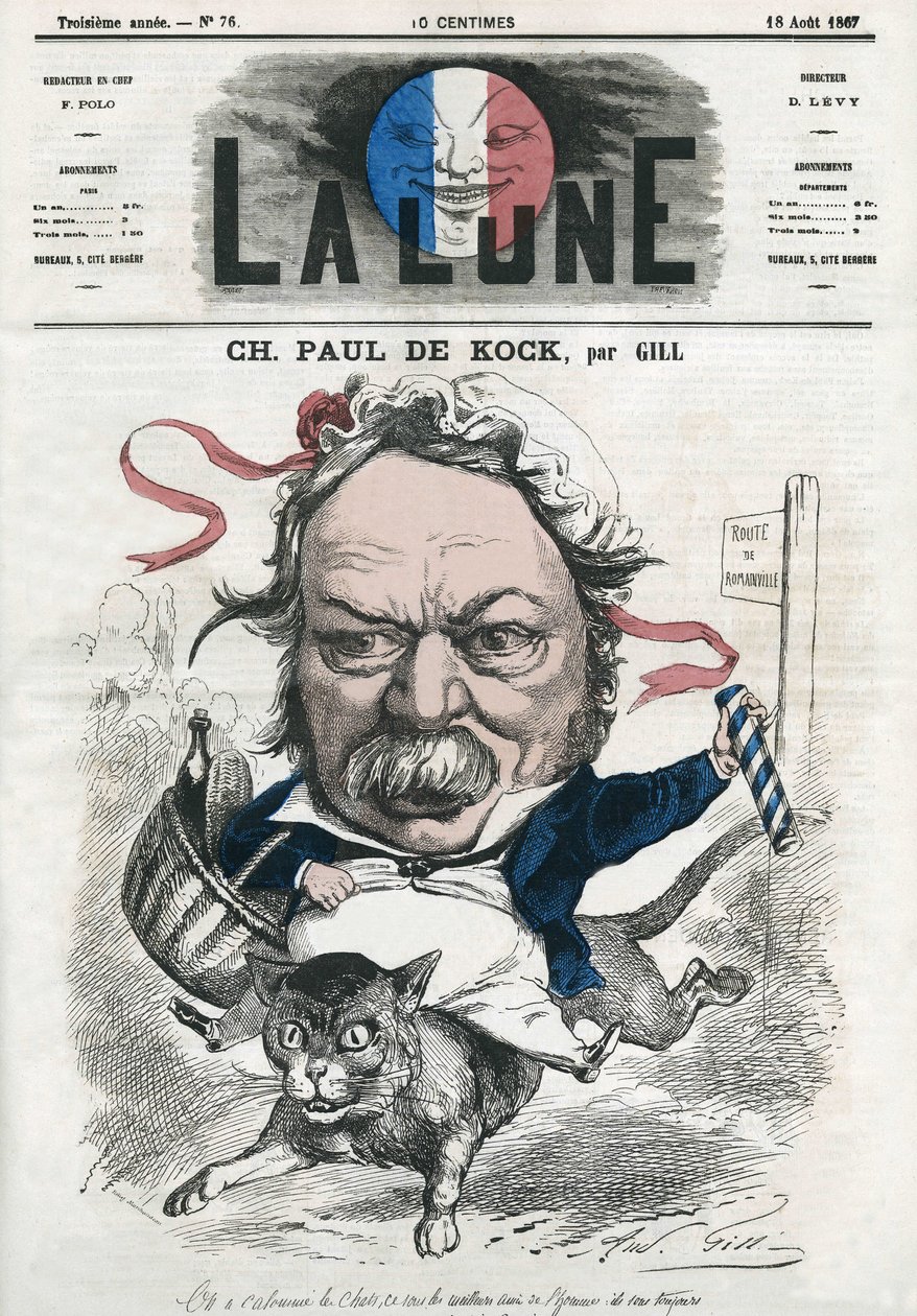 Portrait of Charles Paul de Kock, French popular novelist. Cartoon by Gill, in 