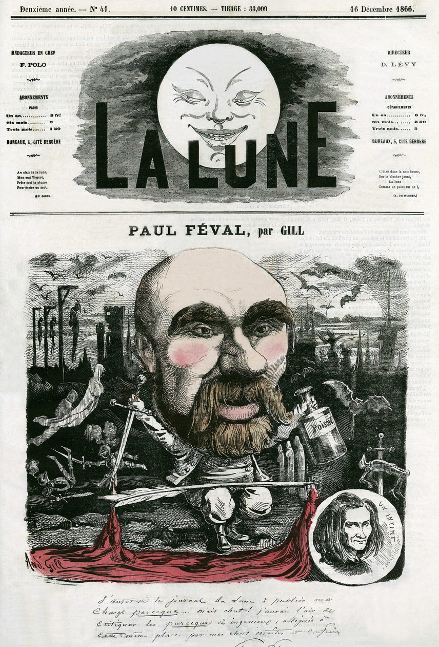 Portrait of Paul Feval, French writer. Cartoon by Gill, in La Lune, December 16 by Andre Gill