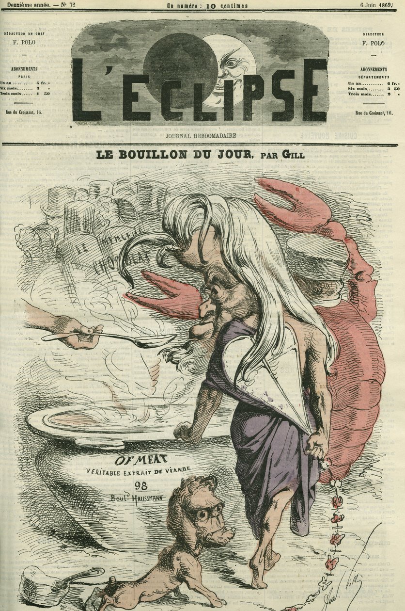 The broth of the day, illustration for of-meat, meat extract by Andre Gill