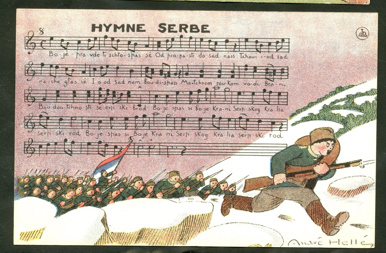 Postcard, Satirical in Colors: Serbian Anthem - War of 14-18, Song, Serbia - Soldiers Illustration by Andre Helle by Andre Helle