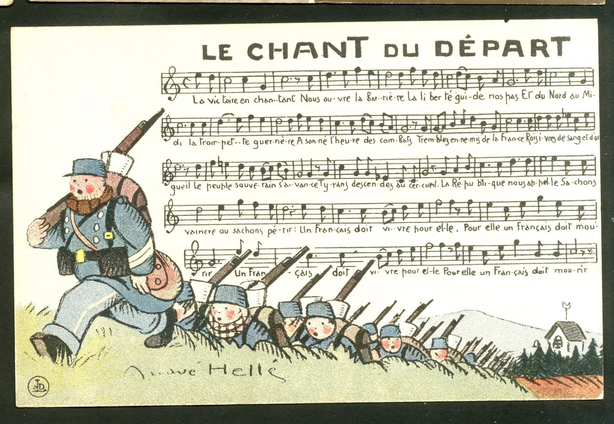 Postcard, Satirical in Colors: The Song of the Depart - War of 14-18, Soldiers Illustration by Andre Helle by Andre Helle