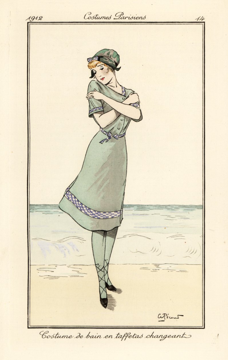 Woman on beach in swimming costume in two-tone taffeta by Andre Pecoud
