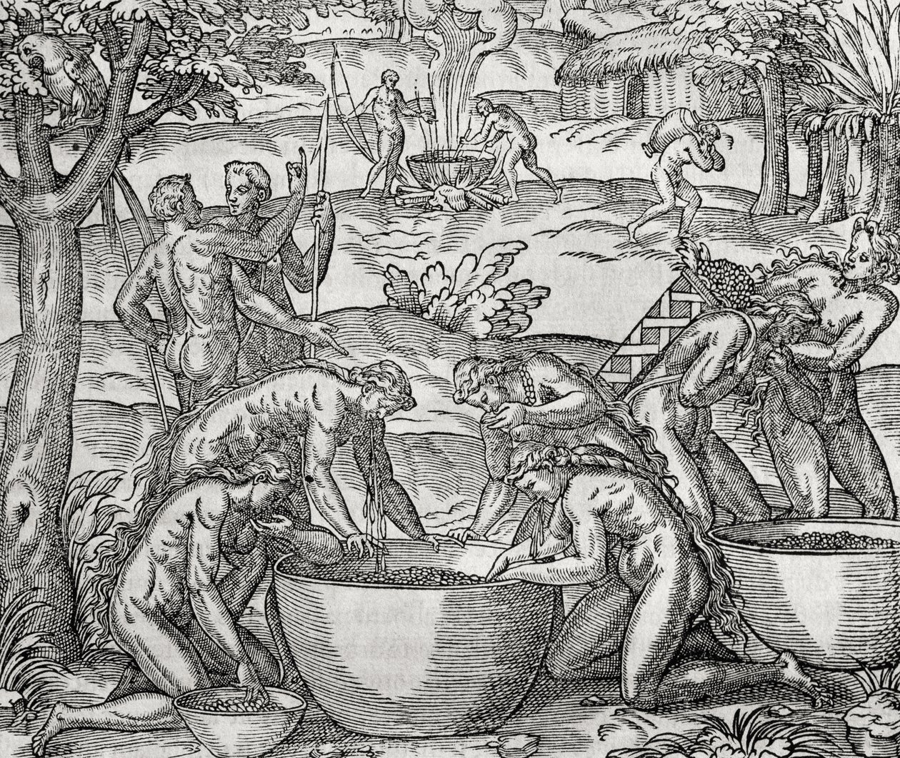 Cap de Frie, women preparing food, engraving, South America by Andre Thevet