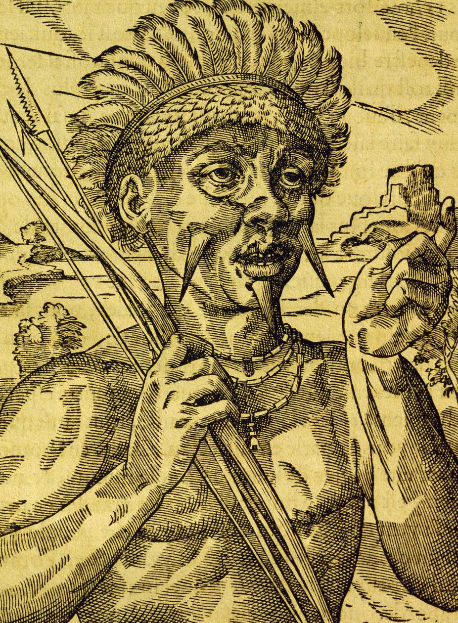 Chief of tribe of cannibals, engraving from Universal Cosmology by Andre Thevet