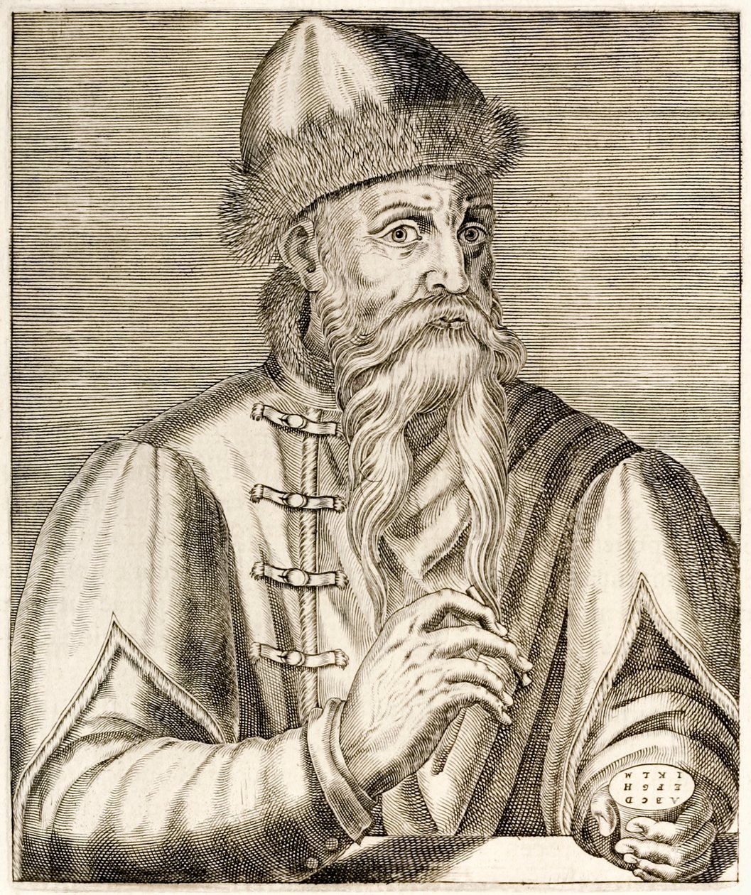 Johannes Gutenberg: German inventor whose invention of the movable type printing press started the printing revolution, from True Portraits by André Thévet published in 1584 by Andre Thevet