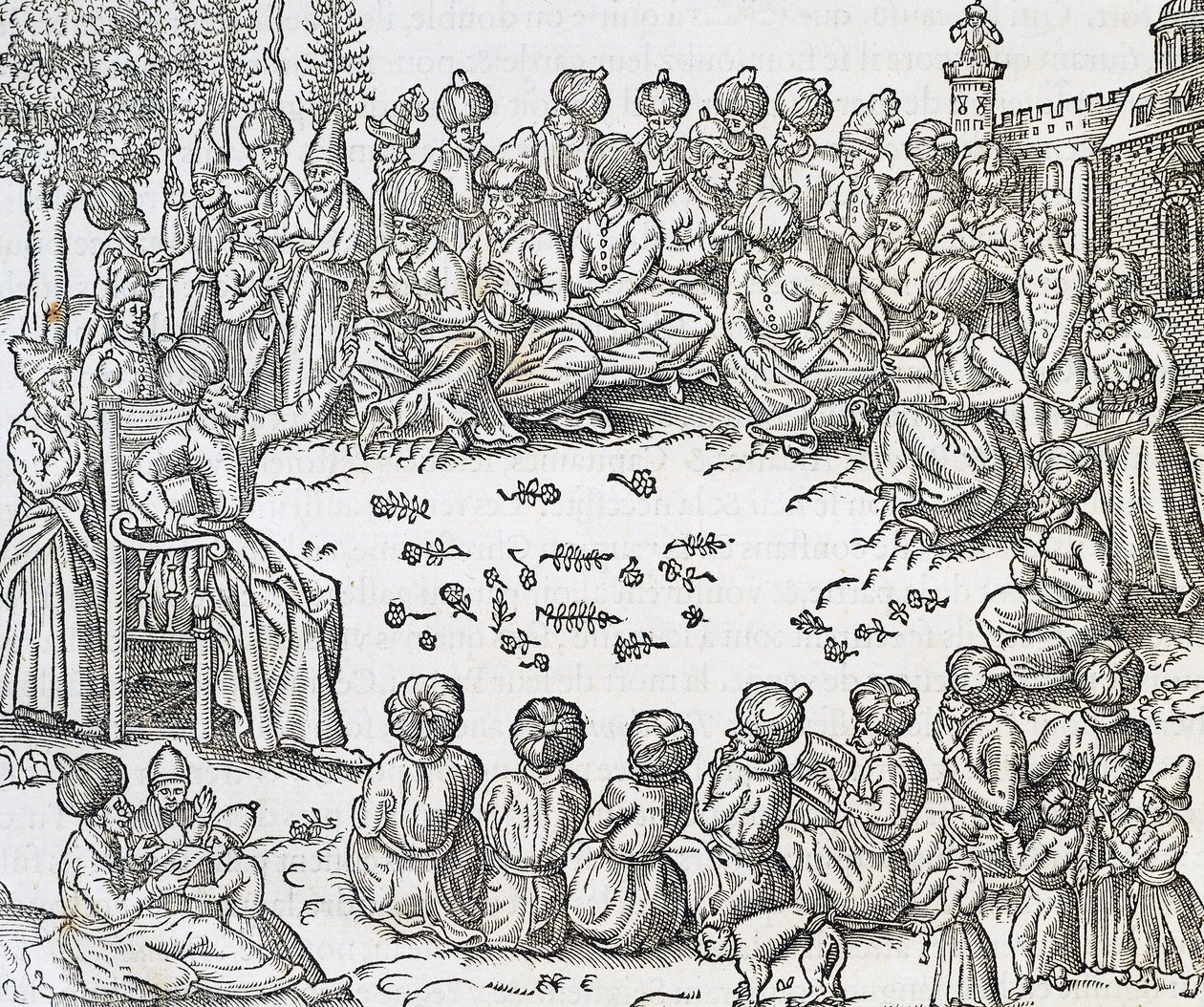 Meeting between Turks and Arabs, Morocco, engraving from Universal Cosmology by Andre Thevet