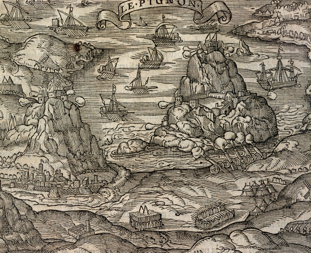 Naval Battle near Le Pignon Island, engraving from Cosmographie Universelle by Andre Thevet