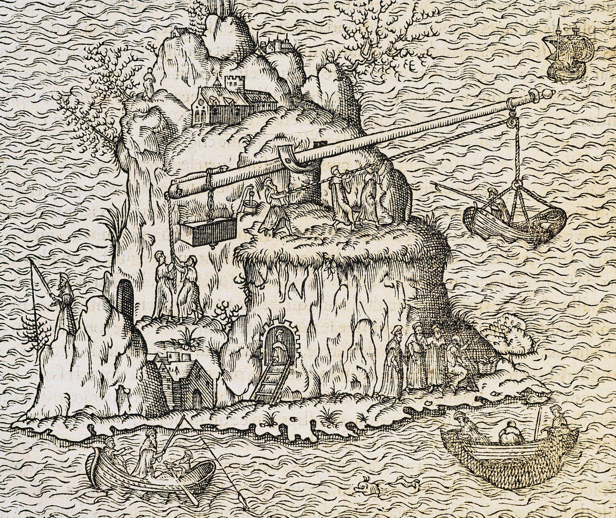 Transportation technique for boats on Island of Crete, engraving from La Cosmographie Universelle, by Andre Thevet by Andre Thevet